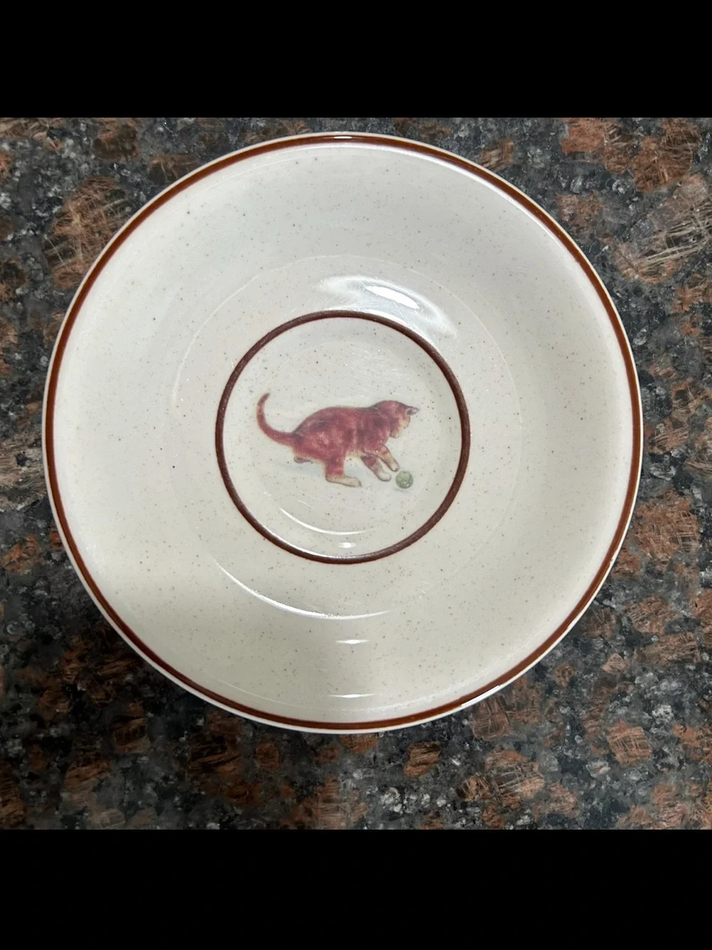 Cream Ceramic Cat Bowl with Brown Trim and Playful Cat Illustration